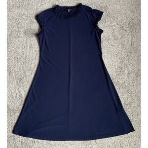 NIK AND NASH Navy Blue Dress w/ Ruffled High Neck And Sleeve Medium Made In USA‎